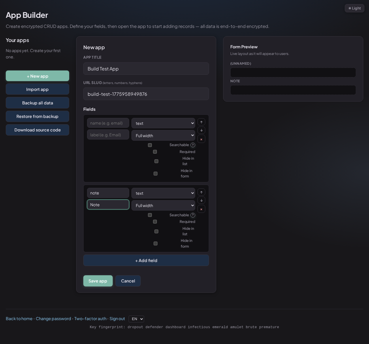 App fields defined for build