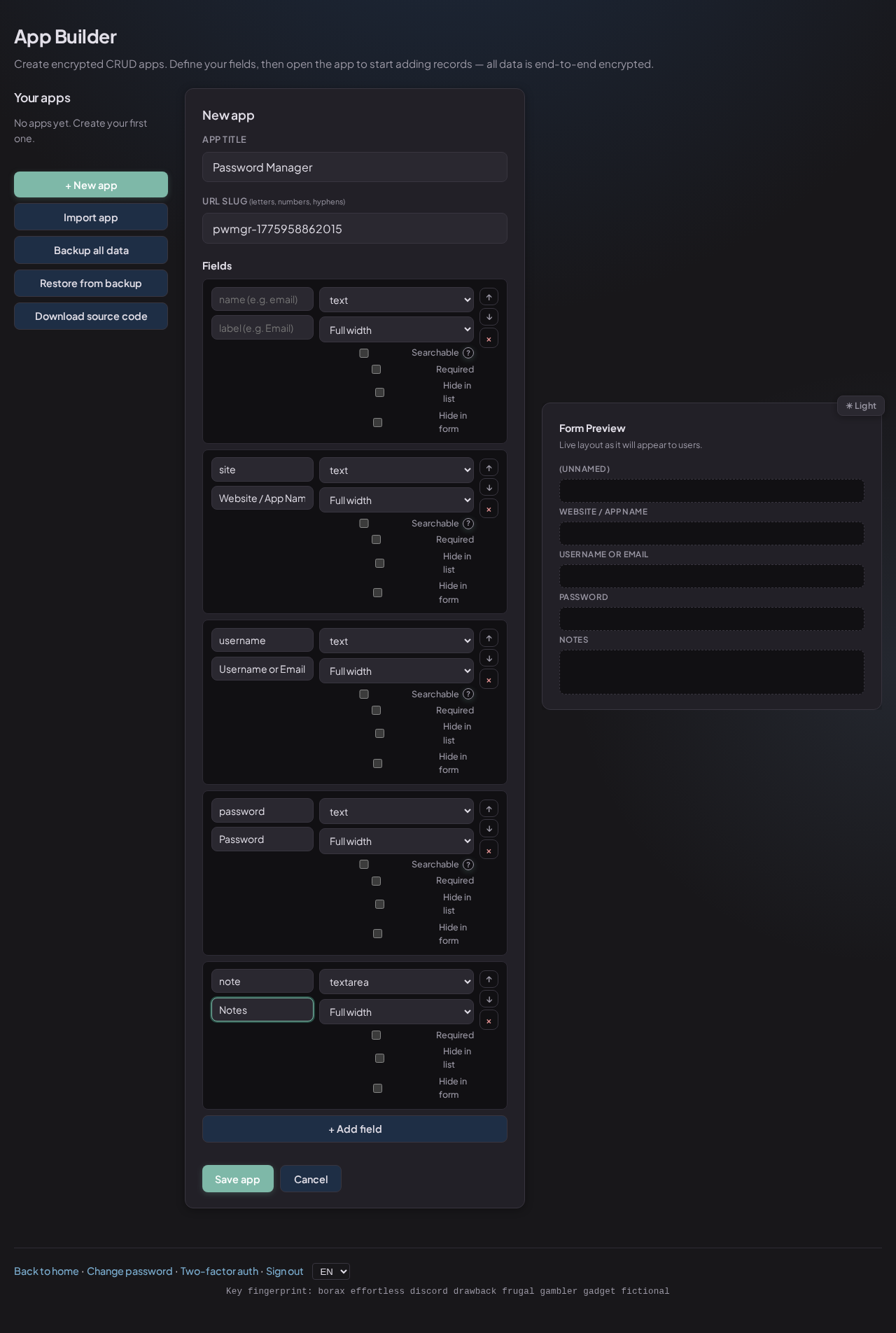 Builder with fields defined