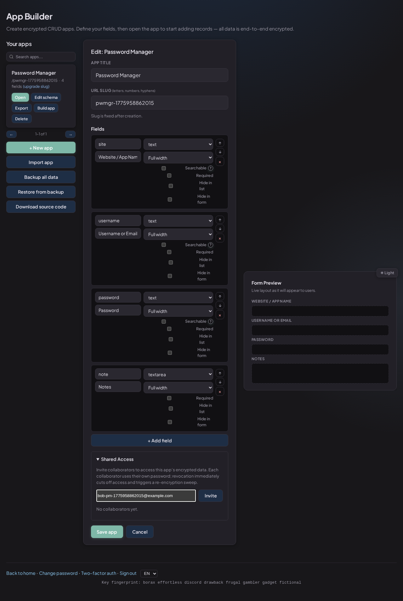 Invite form with email