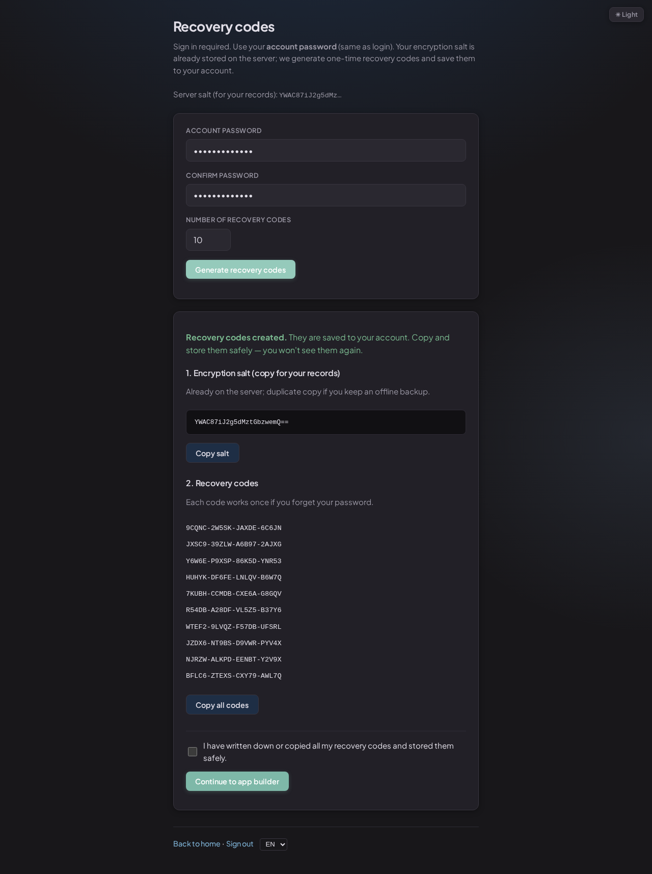 Recovery codes screen